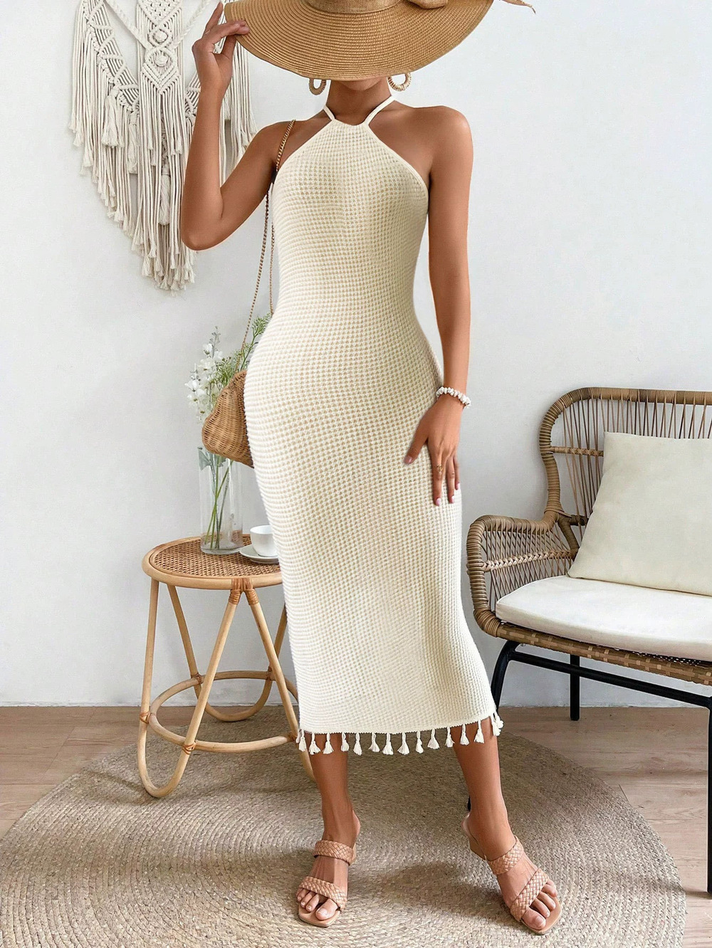 ZARA Summer Vacation Tassel Halter Tie Spaghetti Strap Knit Midi Dress Travel